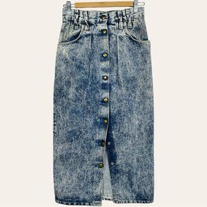 Stuffed Shirt VTG Acid Washed Retro Western Denim High Rise Button Up Midi Skirt